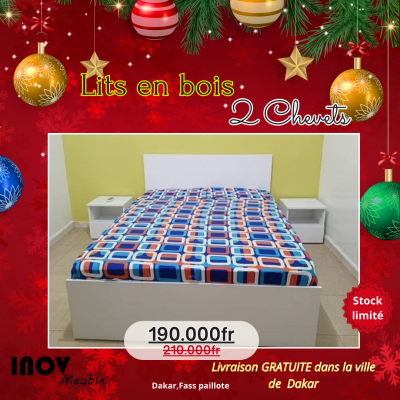 Lits en bois blancs + chevets promo noel18